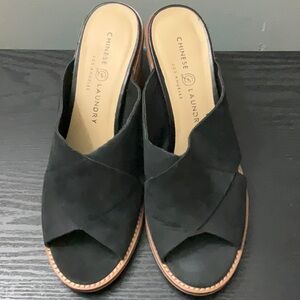 Chinese Laundry Black Mules with Criss-Cross Design
